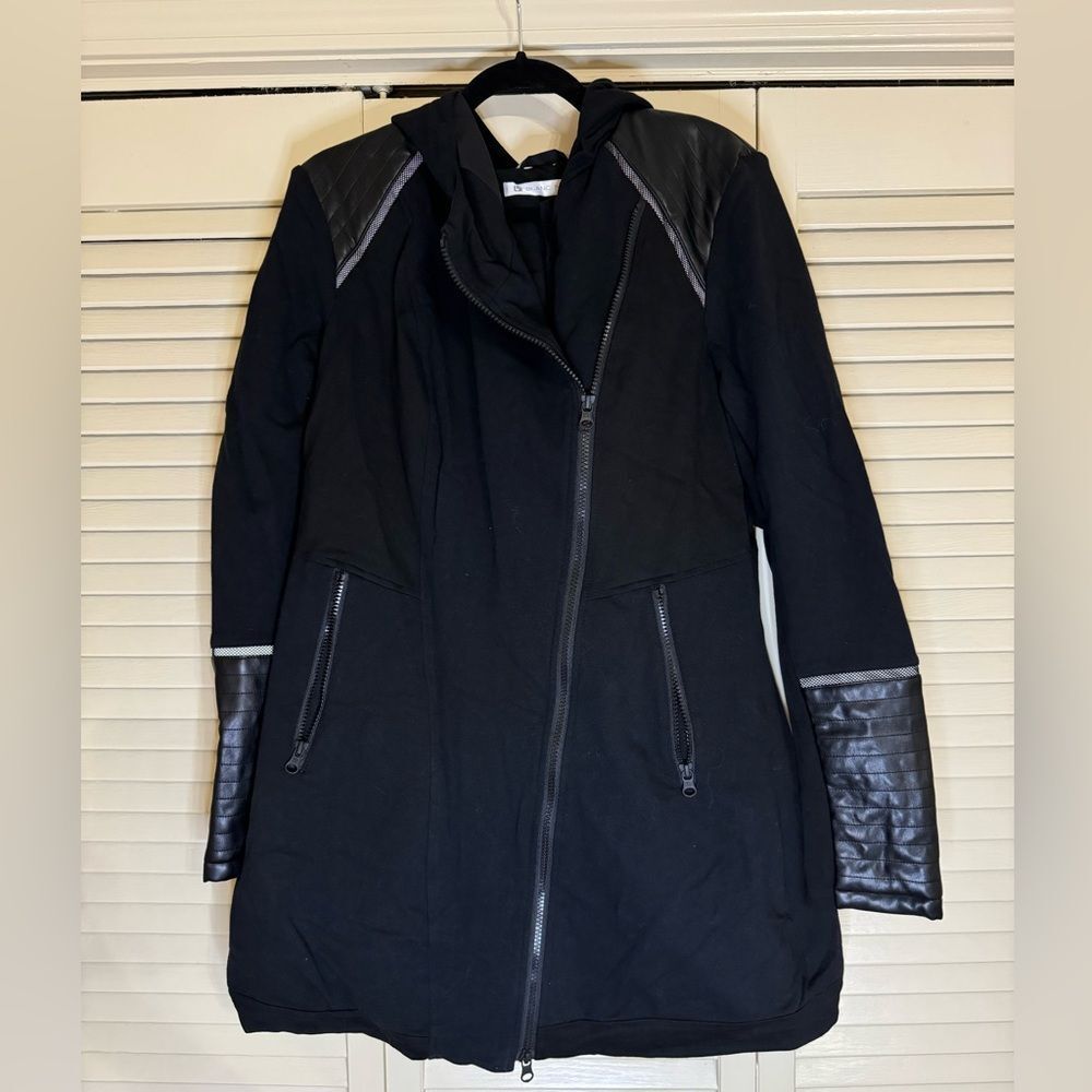blanc noir Black Hooded Coat with Faux Leather Trim